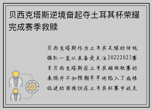 贝西克塔斯逆境奋起夺土耳其杯荣耀完成赛季救赎 贝西克塔斯逆境奋起夺土耳其杯荣耀完成赛季救赎
